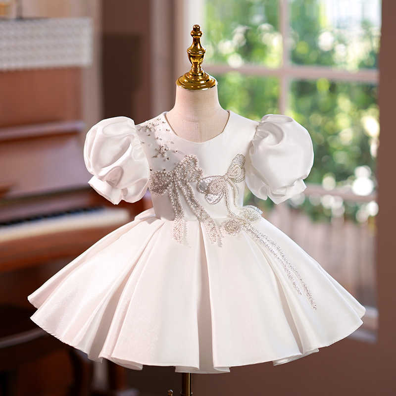 Knee-Length Baby Beaded Flower Girl A-Line Dress with Short Sleeves and Bow