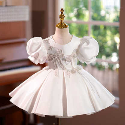 Knee-Length Baby Beaded Flower Girl A-Line Dress with Short Sleeves and Bow