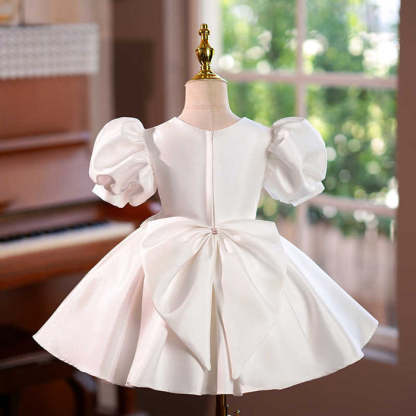 Knee-Length Baby Beaded Flower Girl A-Line Dress with Short Sleeves and Bow