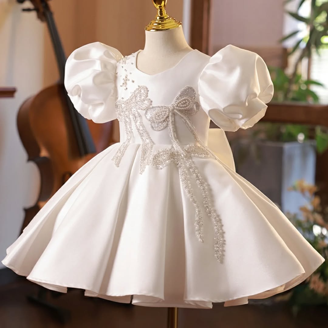 Knee-Length Baby Beaded Flower Girl A-Line Dress with Short Sleeves and Bow
