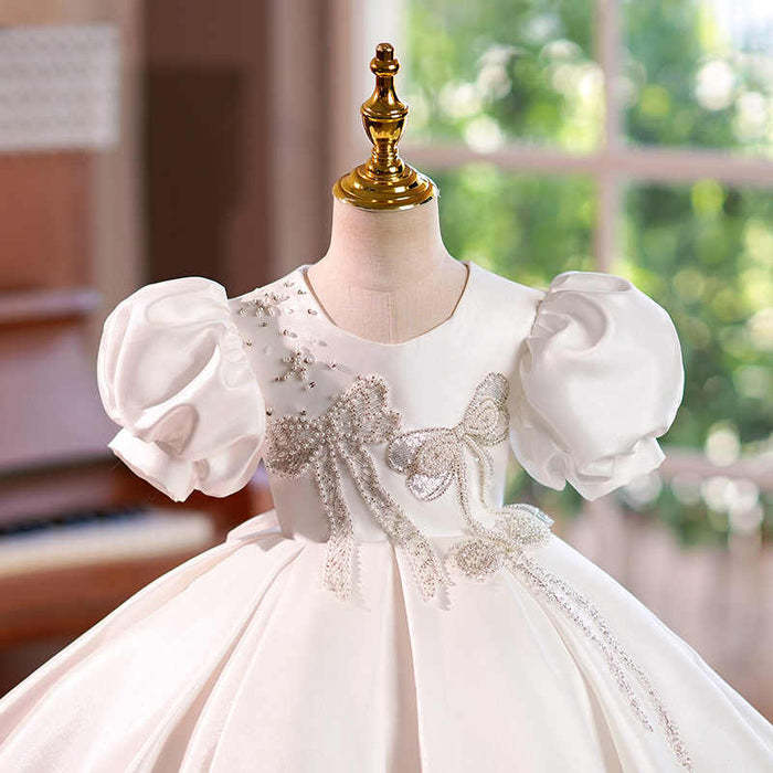 Knee-Length Baby Beaded Flower Girl A-Line Dress with Short Sleeves and Bow
