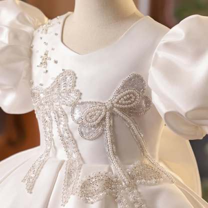 Knee-Length Baby Beaded Flower Girl A-Line Dress with Short Sleeves and Bow