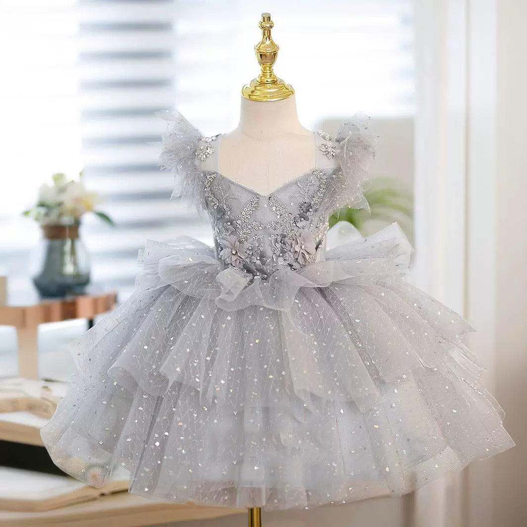 Princess A-Line Tea-Length Party Dress for Flower Girls with Beaded Appliques