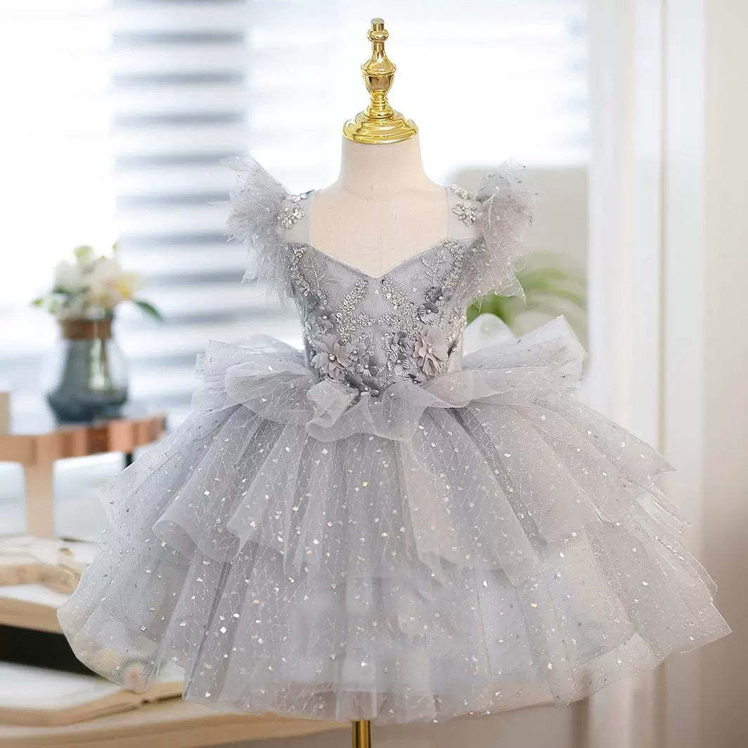 Princess A-Line Tea-Length Party Dress for Flower Girls with Beaded Appliques