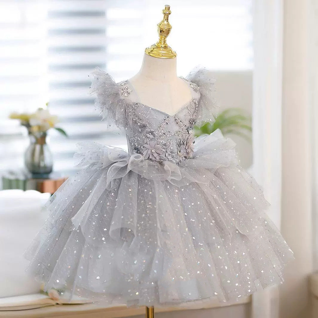 Princess A-Line Tea-Length Party Dress for Flower Girls with Beaded Appliques