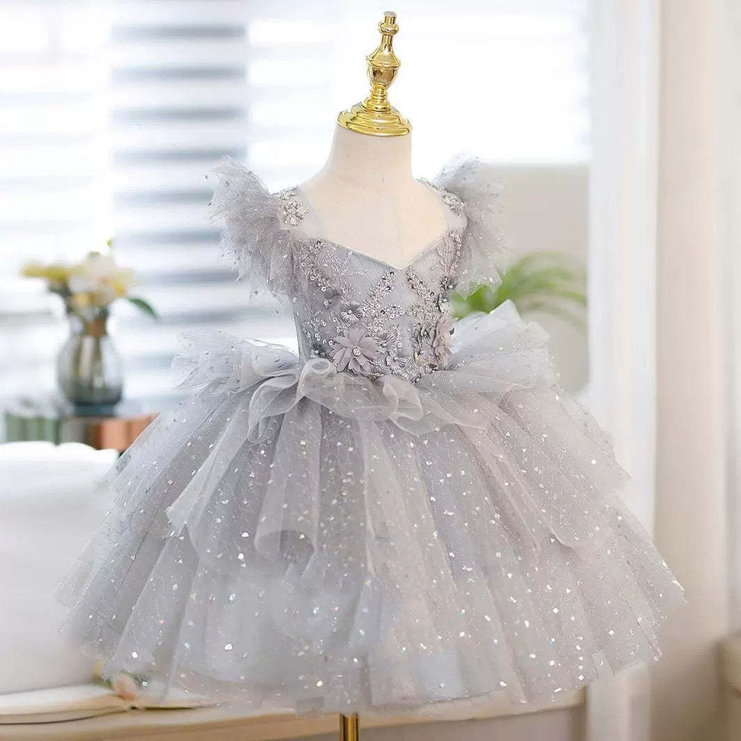 Princess A-Line Tea-Length Party Dress for Flower Girls with Beaded Appliques