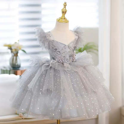Princess A-Line Tea-Length Party Dress for Flower Girls with Beaded Appliques