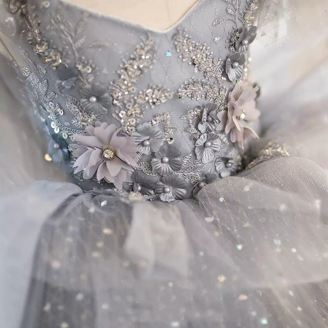 Princess A-Line Tea-Length Party Dress for Flower Girls with Beaded Appliques