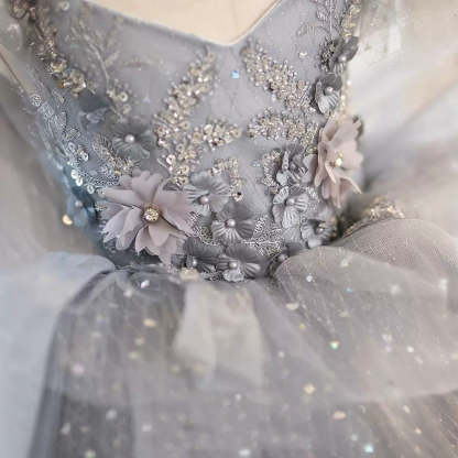 Princess A-Line Tea-Length Party Dress for Flower Girls with Beaded Appliques