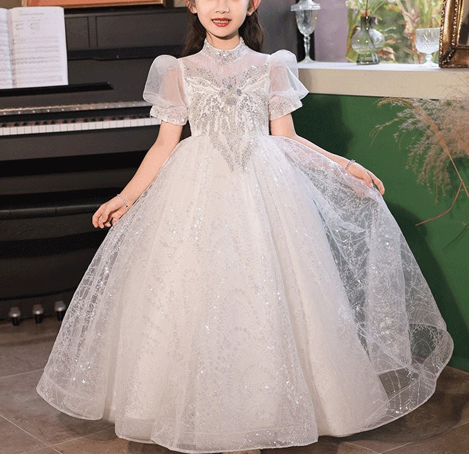 Princess A-Line Flower Girl Dress with Short Sleeves High Neck and Crystal Appliques in Lace