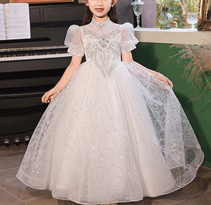 Princess A-Line Flower Girl Dress with Short Sleeves High Neck and Crystal Appliques in Lace