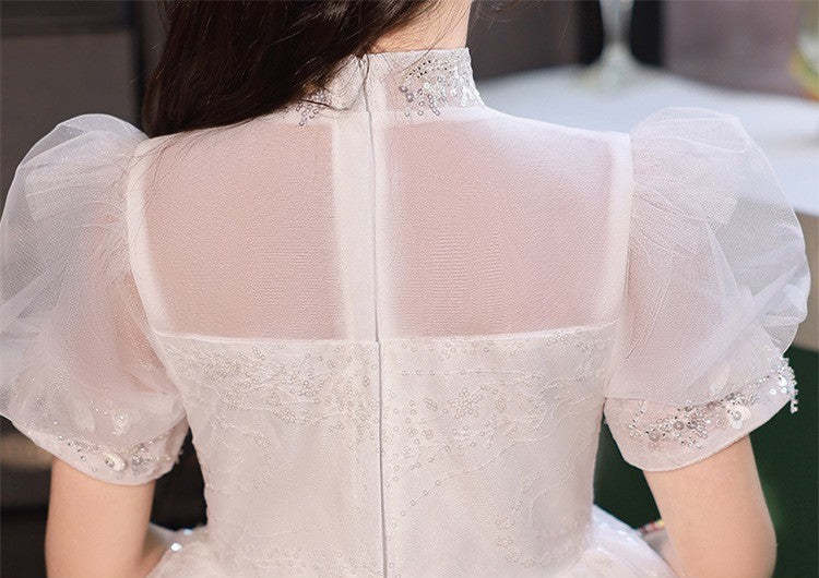 Princess A-Line Flower Girl Dress with Short Sleeves High Neck and Crystal Appliques in Lace