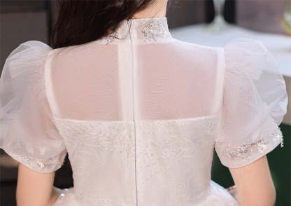 Princess A-Line Flower Girl Dress with Short Sleeves High Neck and Crystal Appliques in Lace