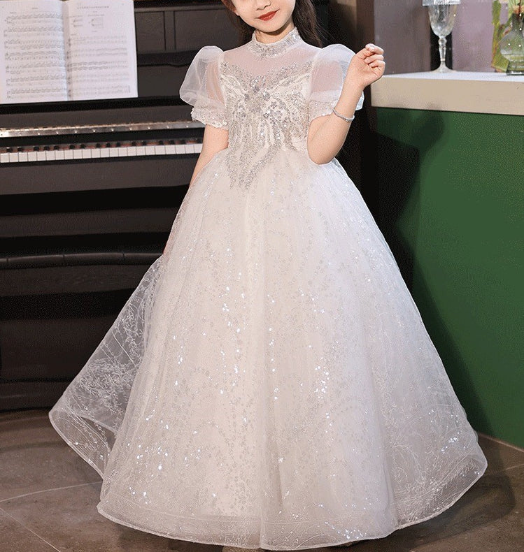 Princess A-Line Flower Girl Dress with Short Sleeves High Neck and Crystal Appliques in Lace
