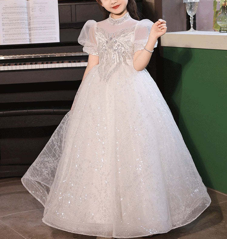 Princess A-Line Flower Girl Dress with Short Sleeves High Neck and Crystal Appliques in Lace