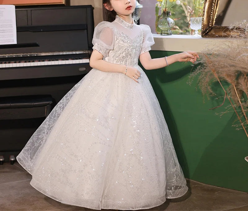 Princess A-Line Flower Girl Dress with Short Sleeves High Neck and Crystal Appliques in Lace