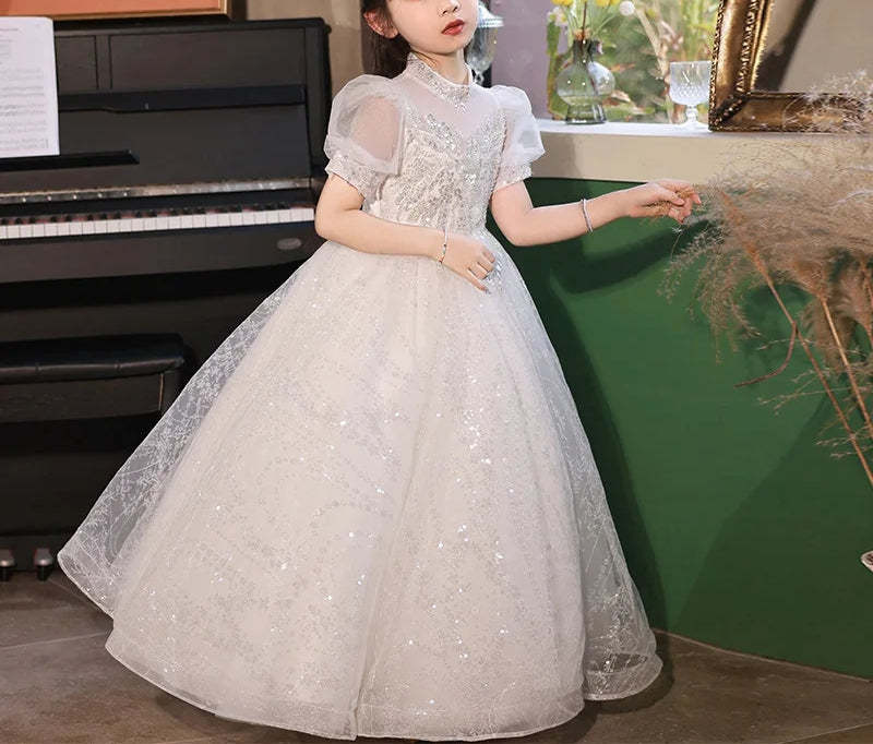 Princess A-Line Flower Girl Dress with Short Sleeves High Neck and Crystal Appliques in Lace