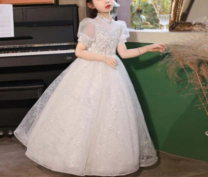 Princess A-Line Flower Girl Dress with Short Sleeves High Neck and Crystal Appliques in Lace