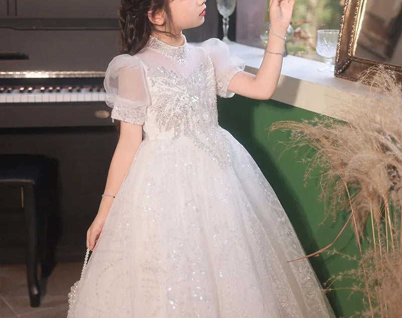 Princess A-Line Flower Girl Dress with Short Sleeves High Neck and Crystal Appliques in Lace
