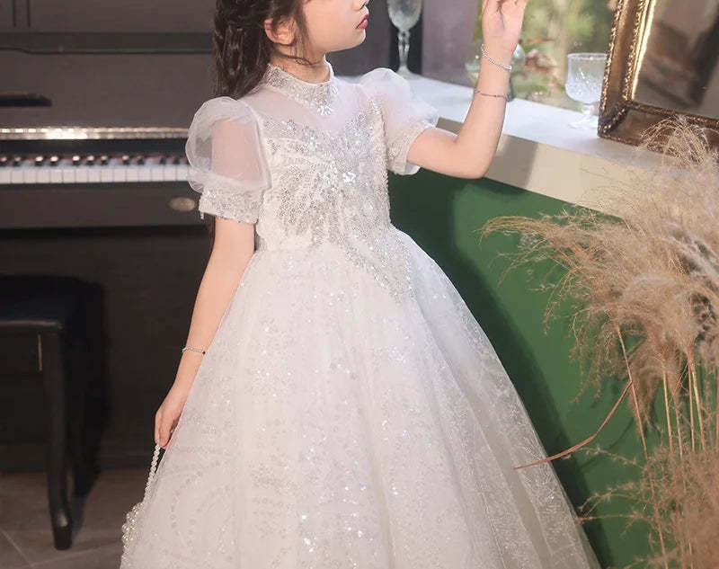 Princess A-Line Flower Girl Dress with Short Sleeves High Neck and Crystal Appliques in Lace