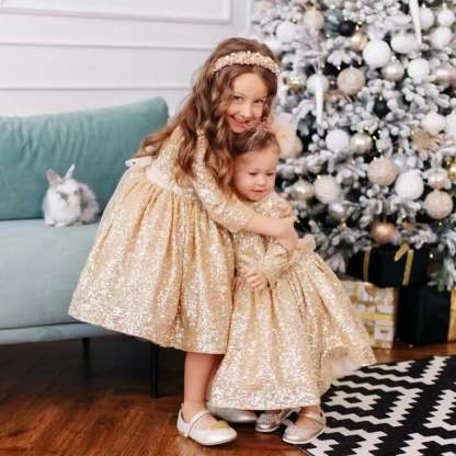 Floor-Length Sequined Flower Girl Party Dress with Sash and Round Neck Long Sleeves