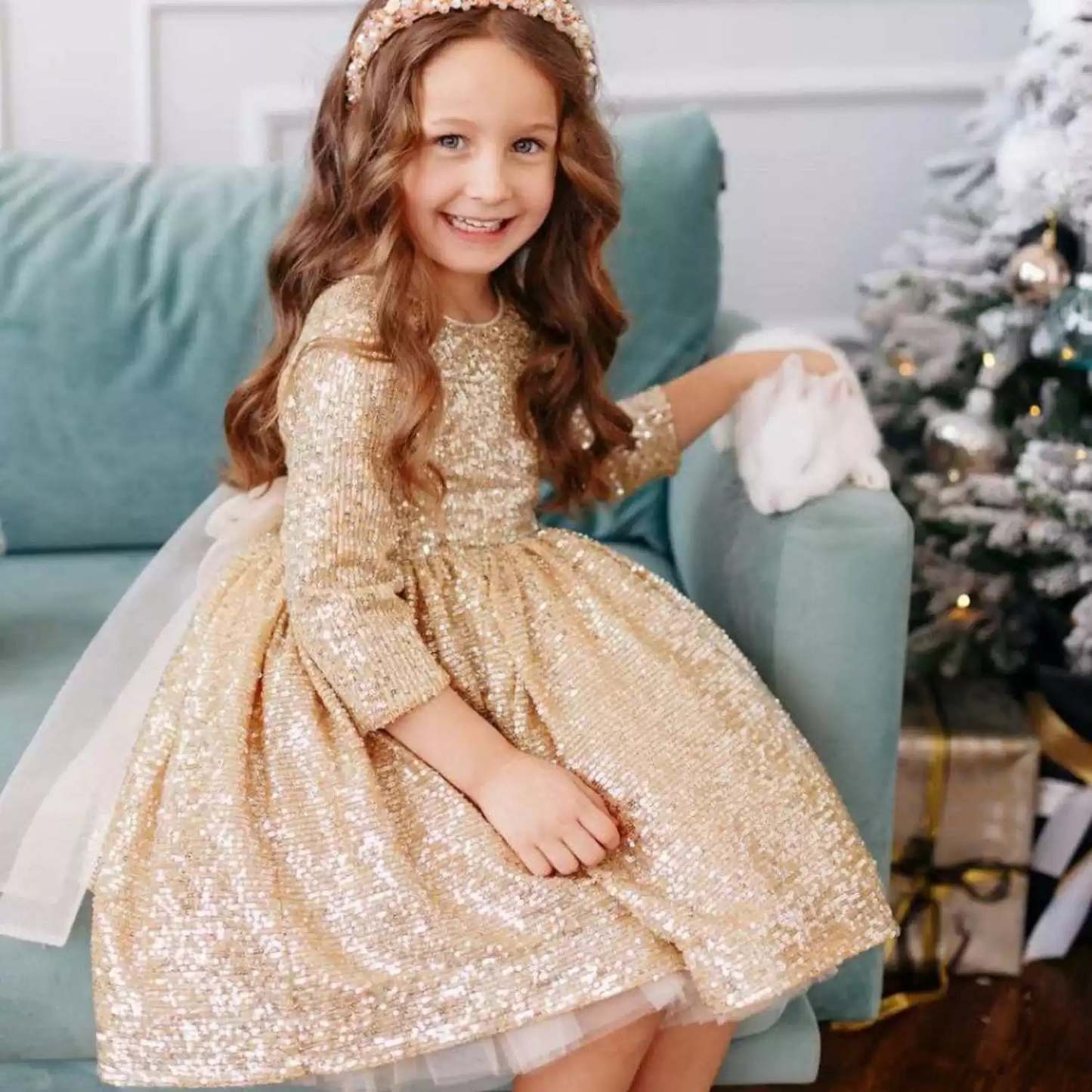 Floor-Length Sequined Flower Girl Party Dress with Sash and Round Neck Long Sleeves