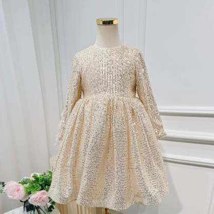 Floor-Length Sequined Flower Girl Party Dress with Sash and Round Neck Long Sleeves