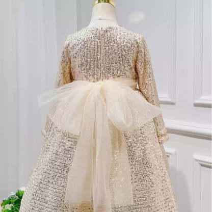Floor-Length Sequined Flower Girl Party Dress with Sash and Round Neck Long Sleeves
