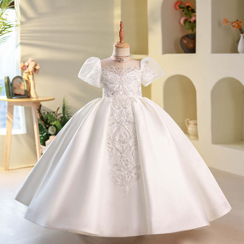 Short Sleeve A-Line Princess Flower Girl Dresses with Rhinstone Appliques