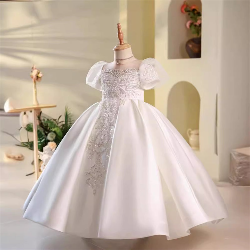 Short Sleeve A-Line Princess Flower Girl Dresses with Rhinstone Appliques