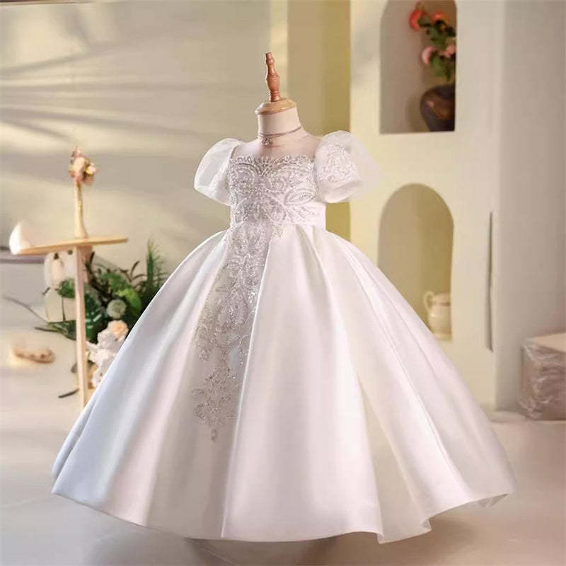 Short Sleeve A-Line Princess Flower Girl Dresses with Rhinstone Appliques