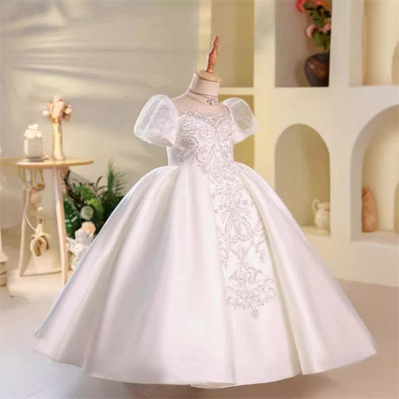Short Sleeve A-Line Princess Flower Girl Dresses with Rhinstone Appliques