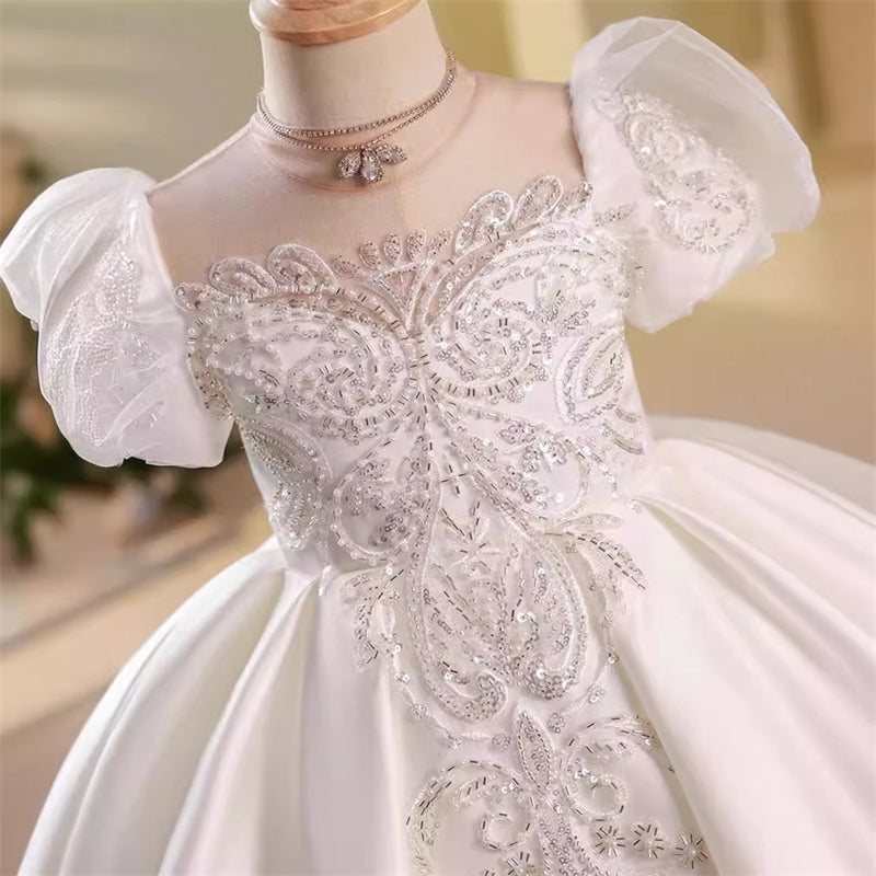 Short Sleeve A-Line Princess Flower Girl Dresses with Rhinstone Appliques