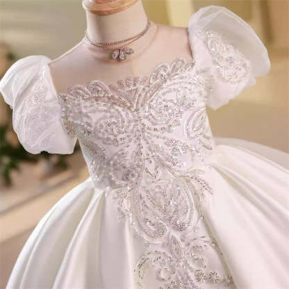 Short Sleeve A-Line Princess Flower Girl Dresses with Rhinstone Appliques