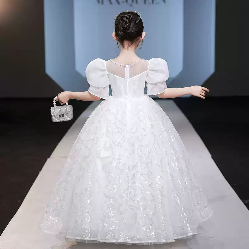 Short-Sleeved Flower Girl Dress with Beaded Ball Gown and Crystal Appliques