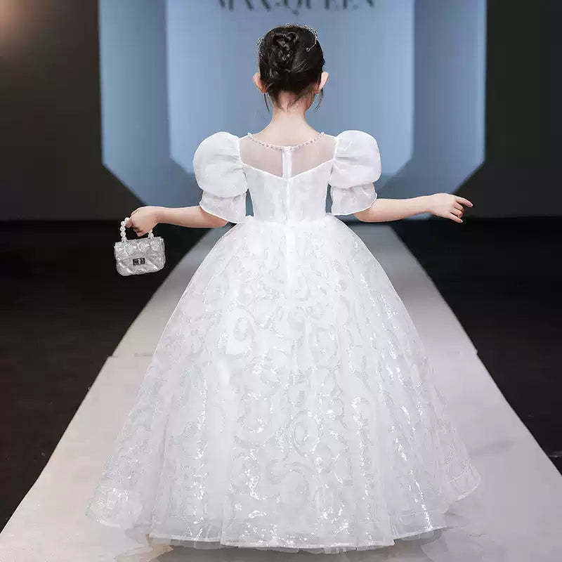 Short-Sleeved Flower Girl Dress with Beaded Ball Gown and Crystal Appliques