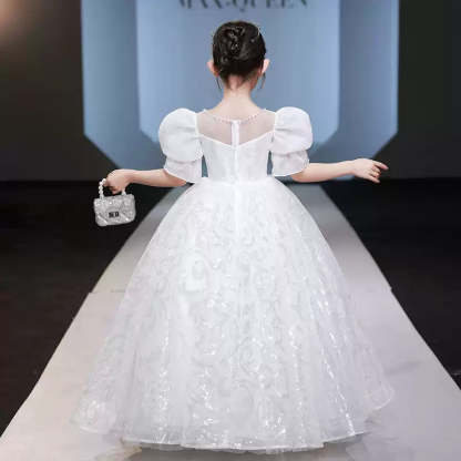 Short-Sleeved Flower Girl Dress with Beaded Ball Gown and Crystal Appliques