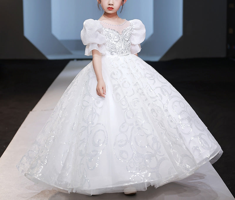 Short-Sleeved Flower Girl Dress with Beaded Ball Gown and Crystal Appliques