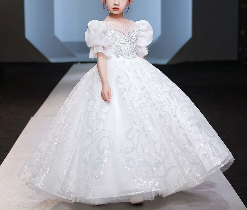 Short-Sleeved Flower Girl Dress with Beaded Ball Gown and Crystal Appliques