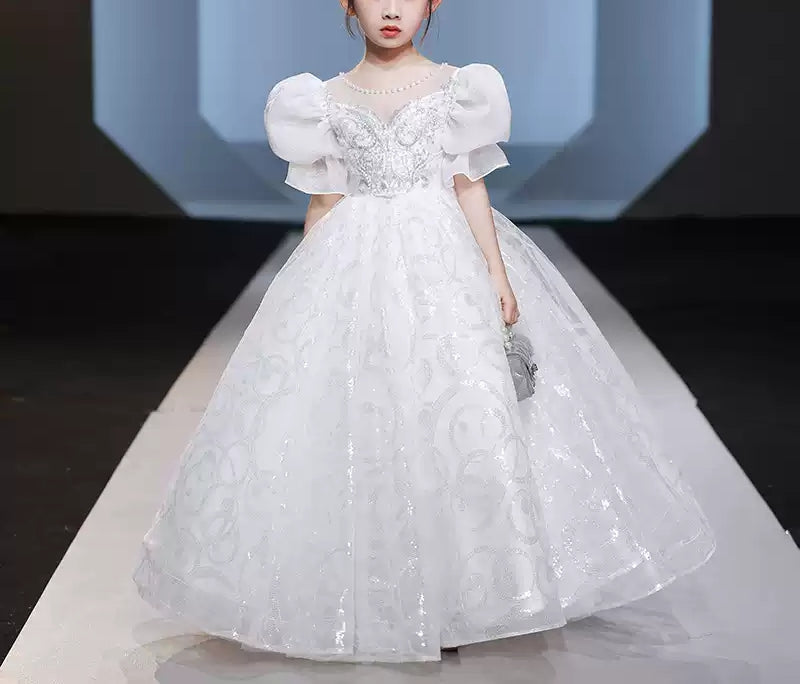 Short-Sleeved Flower Girl Dress with Beaded Ball Gown and Crystal Appliques