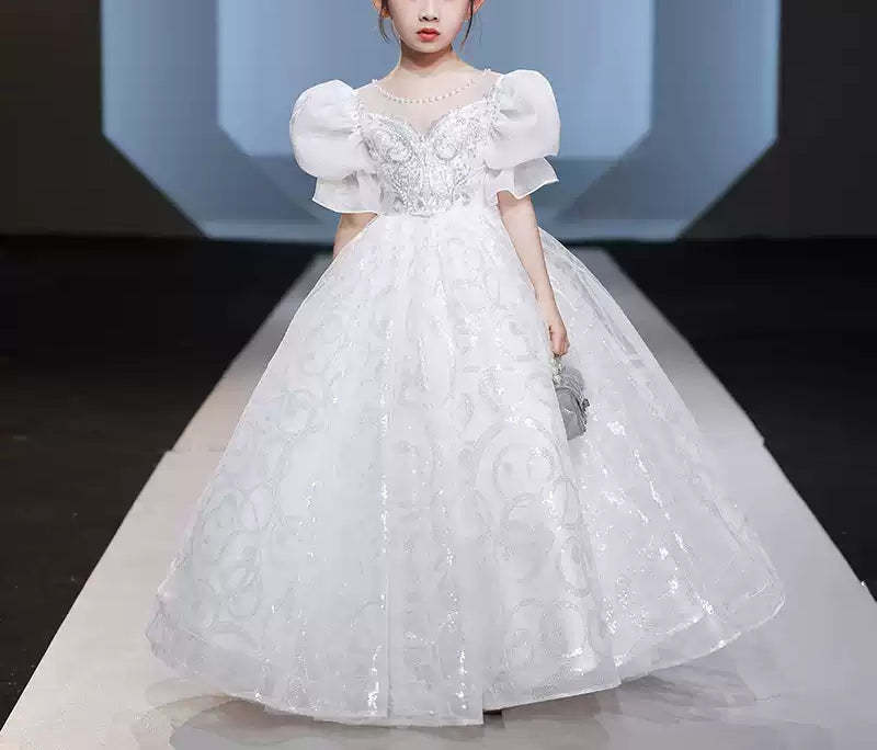 Short-Sleeved Flower Girl Dress with Beaded Ball Gown and Crystal Appliques