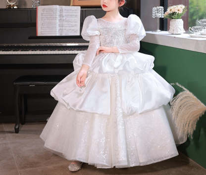 Long-Sleeved Ball Gown with Ruched Lace and Crystal Appliques for Flower Girls