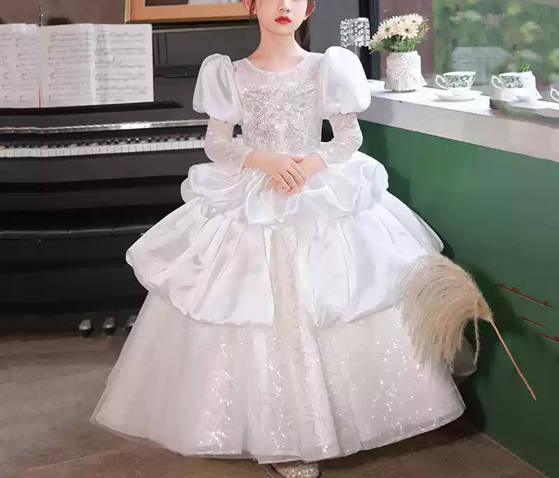 Long-Sleeved Ball Gown with Ruched Lace and Crystal Appliques for Flower Girls