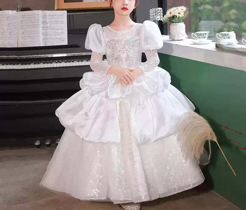 Long-Sleeved Ball Gown with Ruched Lace and Crystal Appliques for Flower Girls