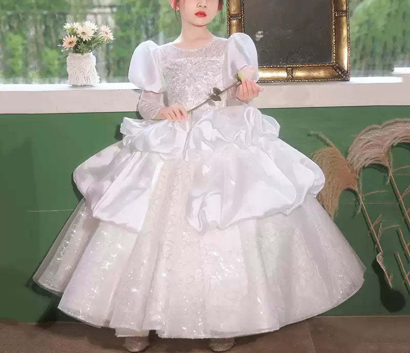 Long-Sleeved Ball Gown with Ruched Lace and Crystal Appliques for Flower Girls