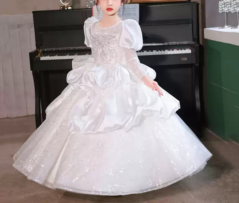 Long-Sleeved Ball Gown with Ruched Lace and Crystal Appliques for Flower Girls