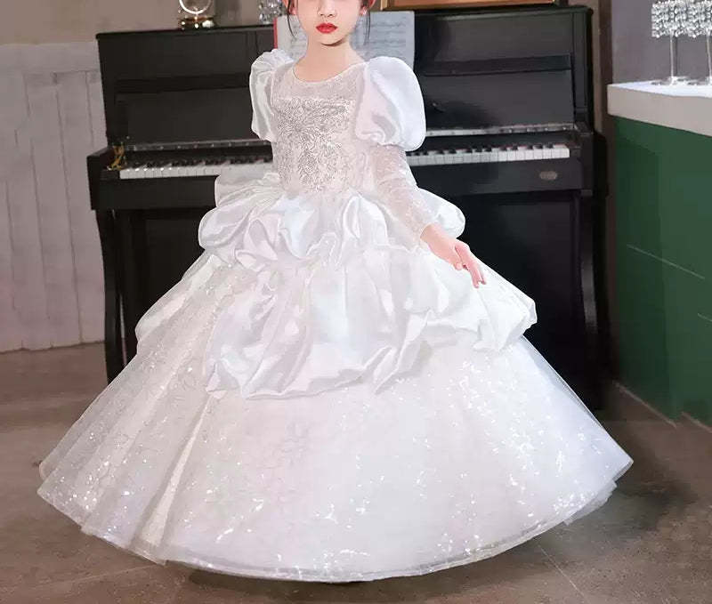 Long-Sleeved Ball Gown with Ruched Lace and Crystal Appliques for Flower Girls