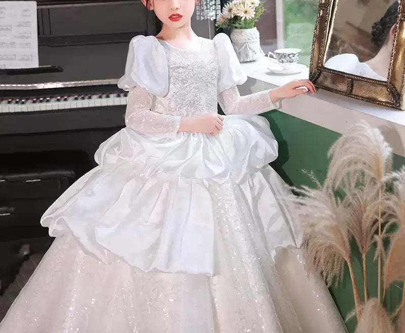 Long-Sleeved Ball Gown with Ruched Lace and Crystal Appliques for Flower Girls