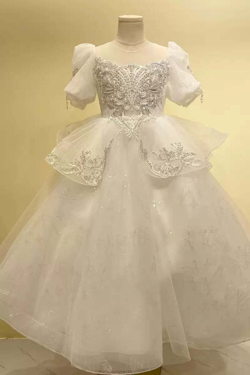 Short Sleeve Flower Girl Party Dresses with Rhinestone Appliques in A-Line/Princess Style