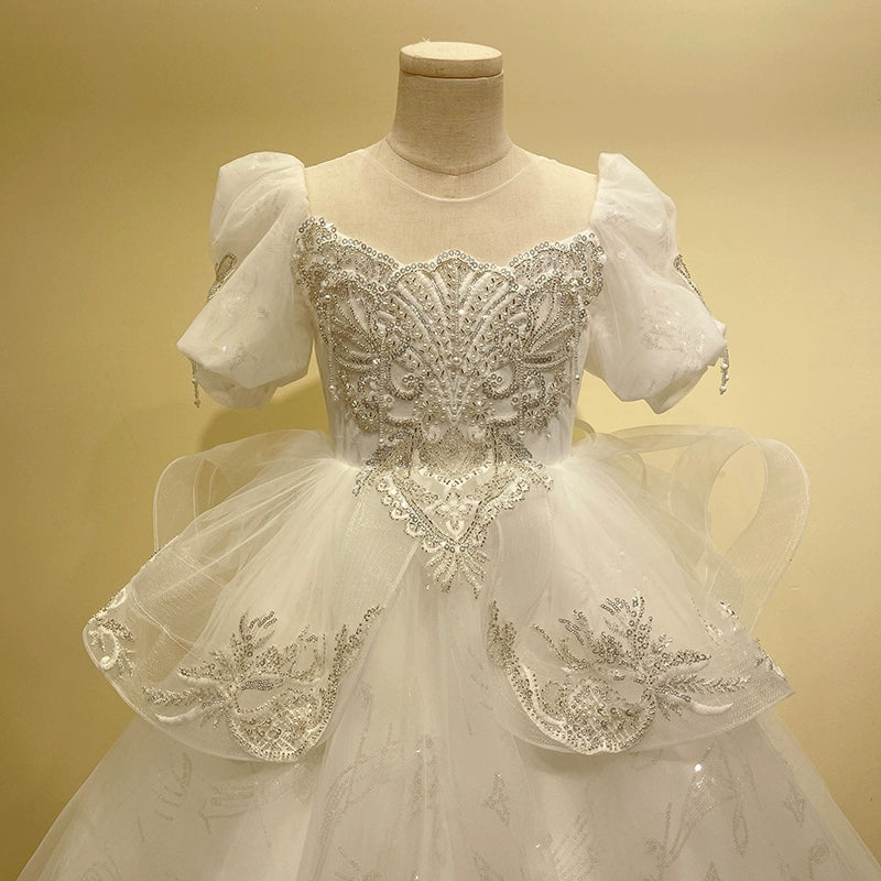 Short Sleeve Flower Girl Party Dresses with Rhinestone Appliques in A-Line/Princess Style